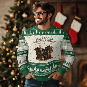 Funny Black Cat Bookworm Quote Ugly Christmas Sweater I Like Books More Than People