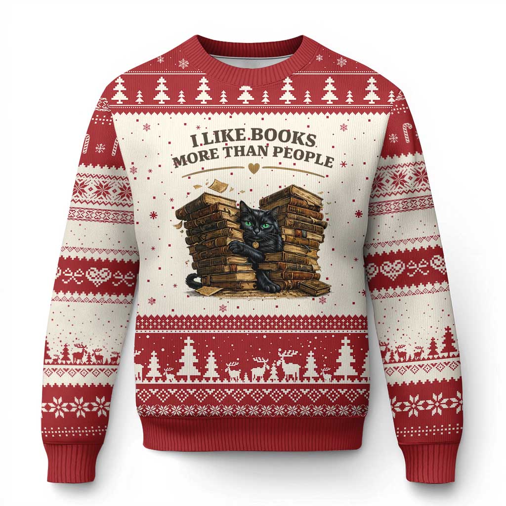 Funny Black Cat Bookworm Quote Ugly Christmas Sweater I Like Books More Than People