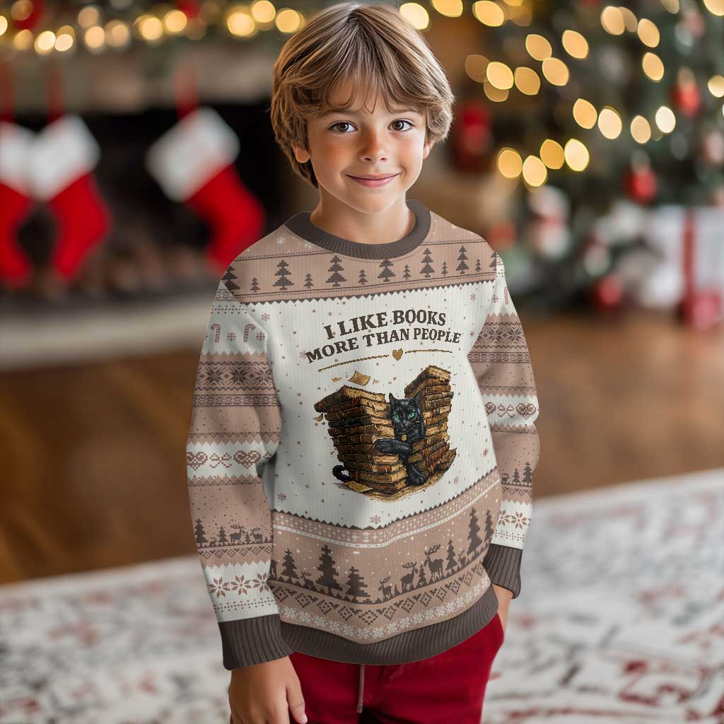 Funny Black Cat Bookworm Quote Ugly Christmas Sweater I Like Books More Than People