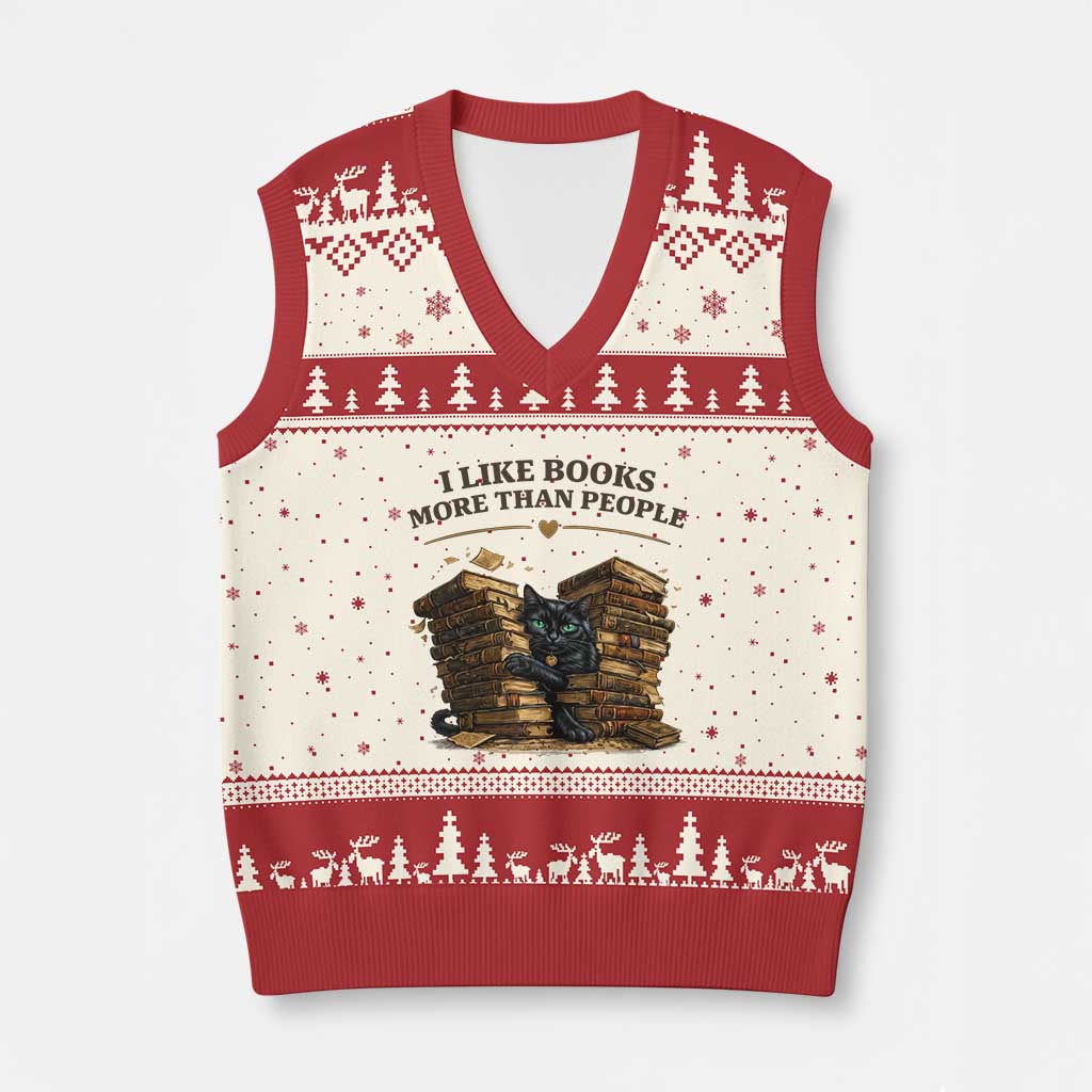 Funny Black Cat Bookworm Quote V-Neck Knit Sweater Vest I Like Books More Than People TS12 Beige Red Print Your Wear