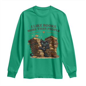 Funny Black Cat Bookworm Quote Long Sleeve Shirt I Like Books More Than People