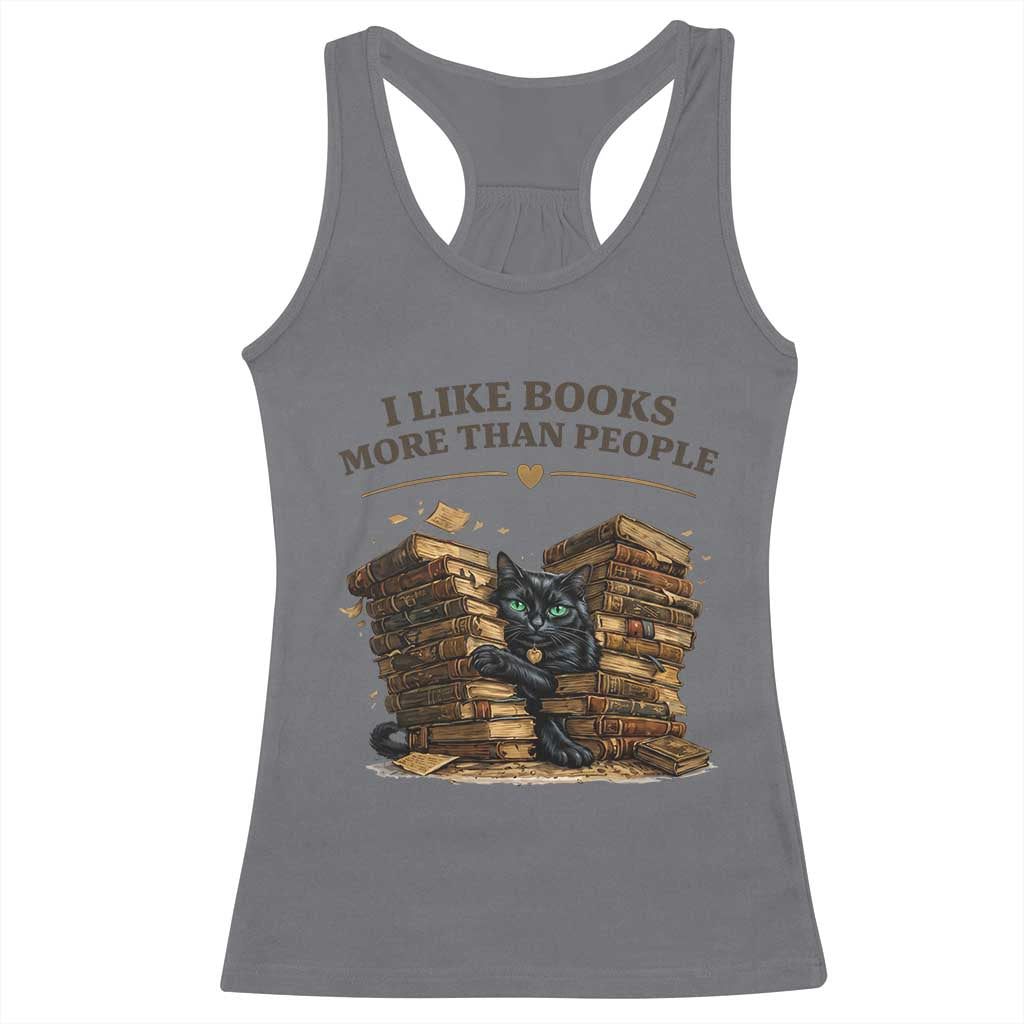 Funny Black Cat Bookworm Quote Racerback Tank Top I Like Books More Than People