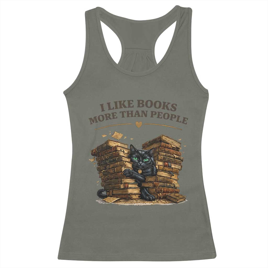 Funny Black Cat Bookworm Quote Racerback Tank Top I Like Books More Than People