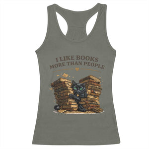 Funny Black Cat Bookworm Quote Racerback Tank Top I Like Books More Than People