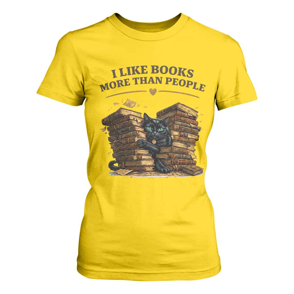 Funny Black Cat Bookworm Quote T Shirt For Women I Like Books More Than People