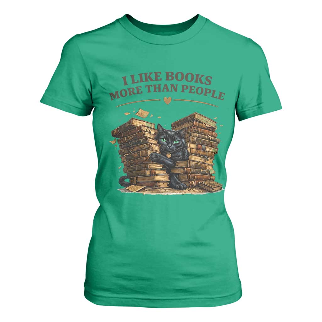 Funny Black Cat Bookworm Quote T Shirt For Women I Like Books More Than People