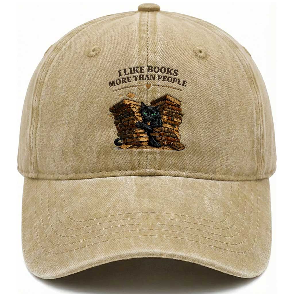 Funny Black Cat Bookworm Quote Washed Cotton Baseball Cap I Like Books More Than People