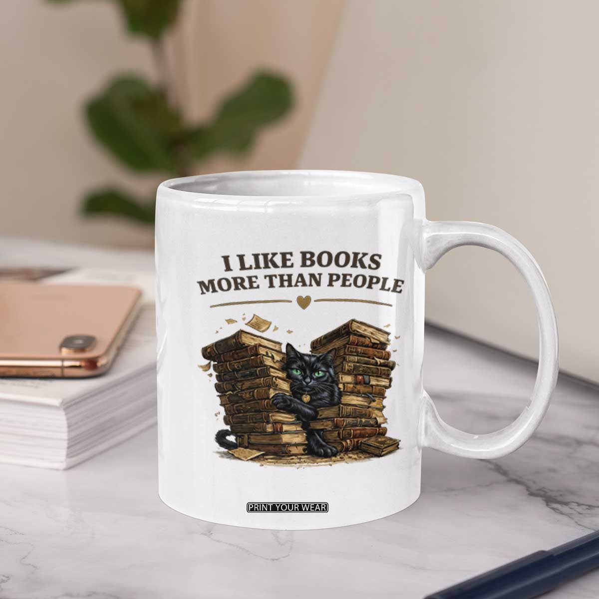 Funny Black Cat Bookworm Quote Coffee Mug I Like Books More Than People