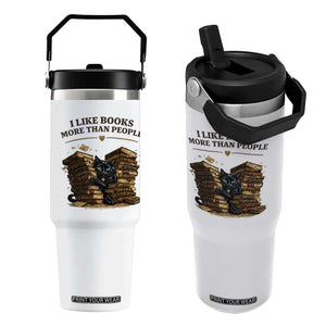 Funny Black Cat Bookworm Quote Flip Straw Tumbler I Like Books More Than People