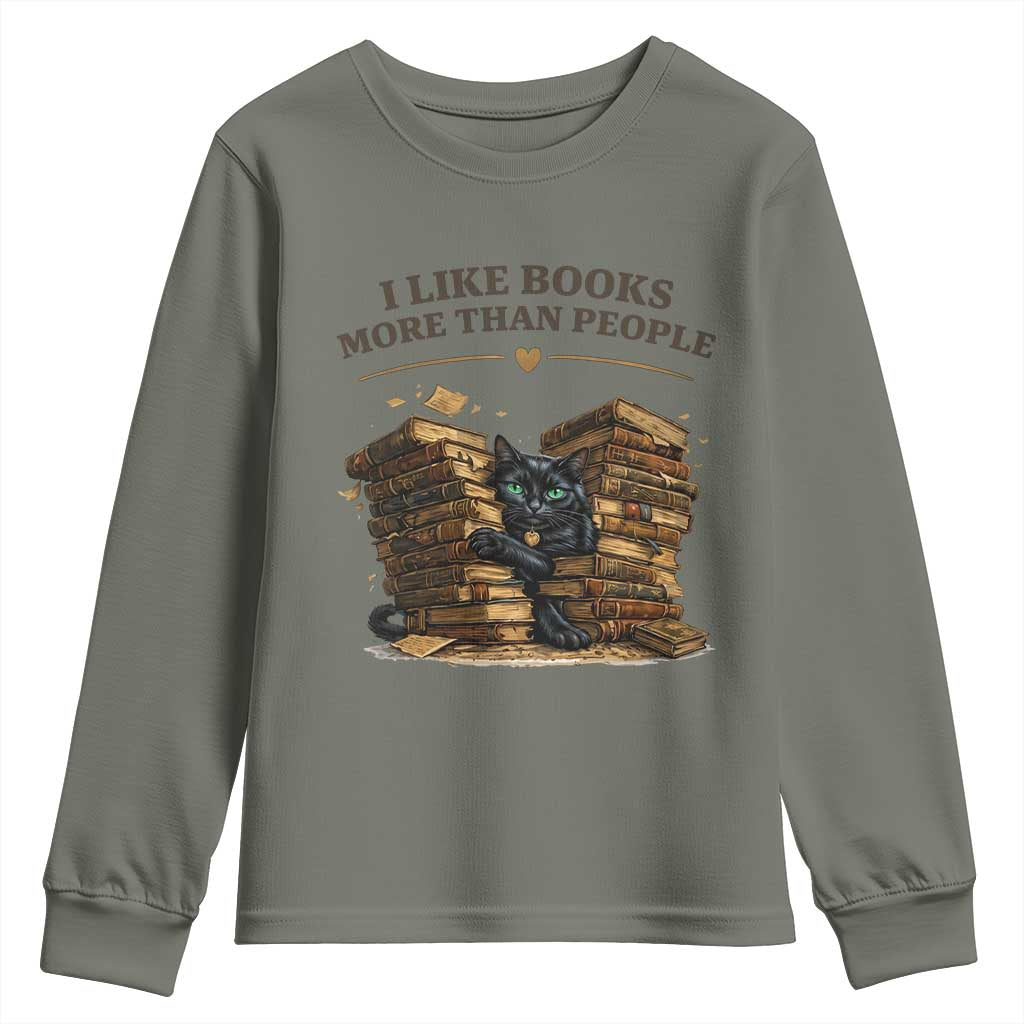 Funny Black Cat Bookworm Quote Youth Sweatshirt I Like Books More Than People