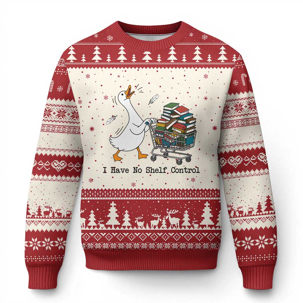 Funny Goose Book Lover Ugly Christmas Sweater I Have No Shelf Control
