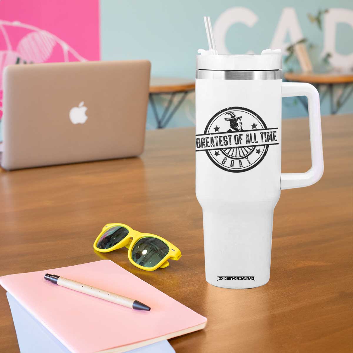 Funny Cool Goat With Sunglasses Tumbler With Handle Animal Lover Farm Gift
