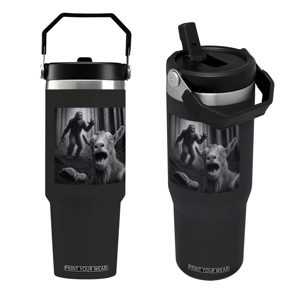 Goat Selfie With Bigfoot Flip Straw Tumbler Funny Cryptid Gift TS12 One Size: 30 oz Black Print Your Wear