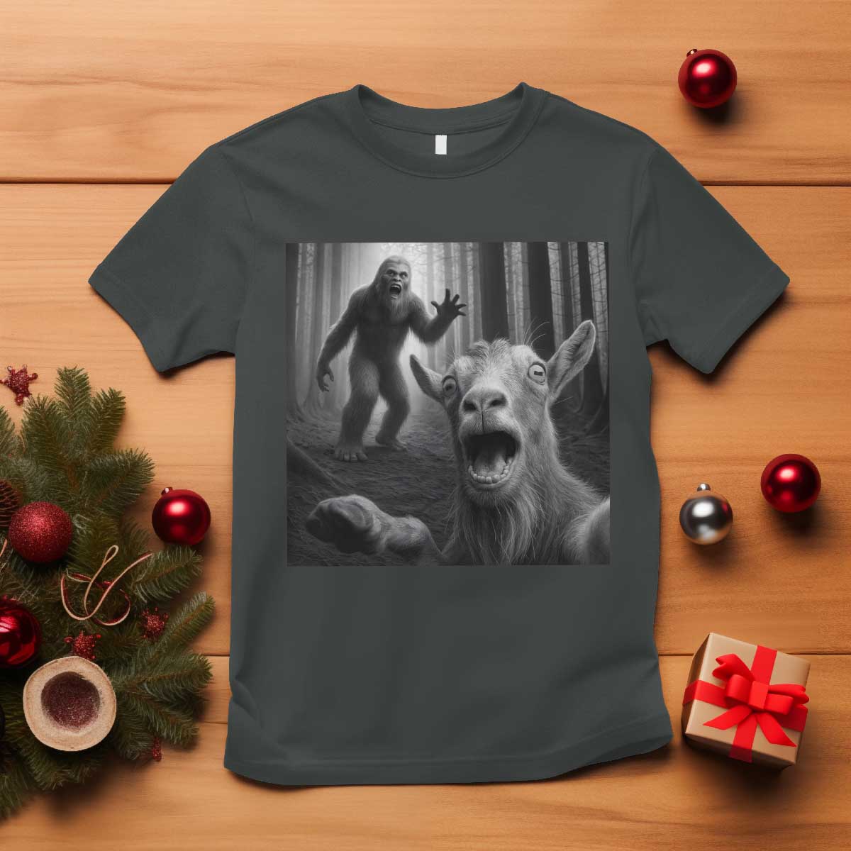 Goat Selfie With Bigfoot T Shirt Funny Cryptid Gift TS12 Dark Heather Print Your Wear
