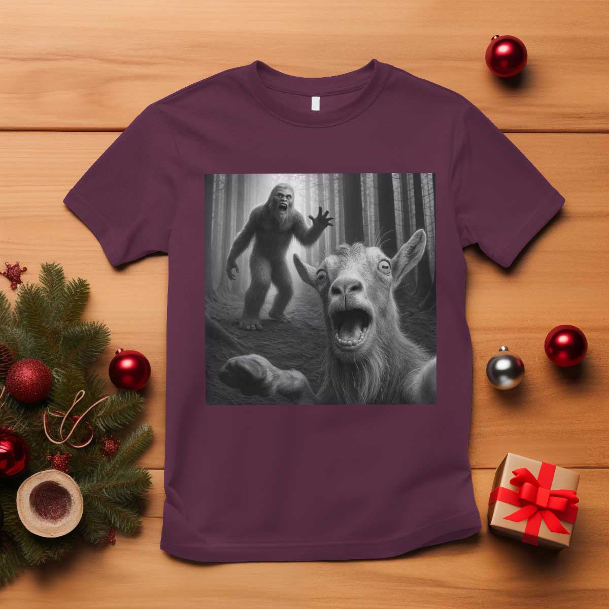 Goat Selfie With Bigfoot T Shirt Funny Cryptid Gift TS12 Maroon Print Your Wear