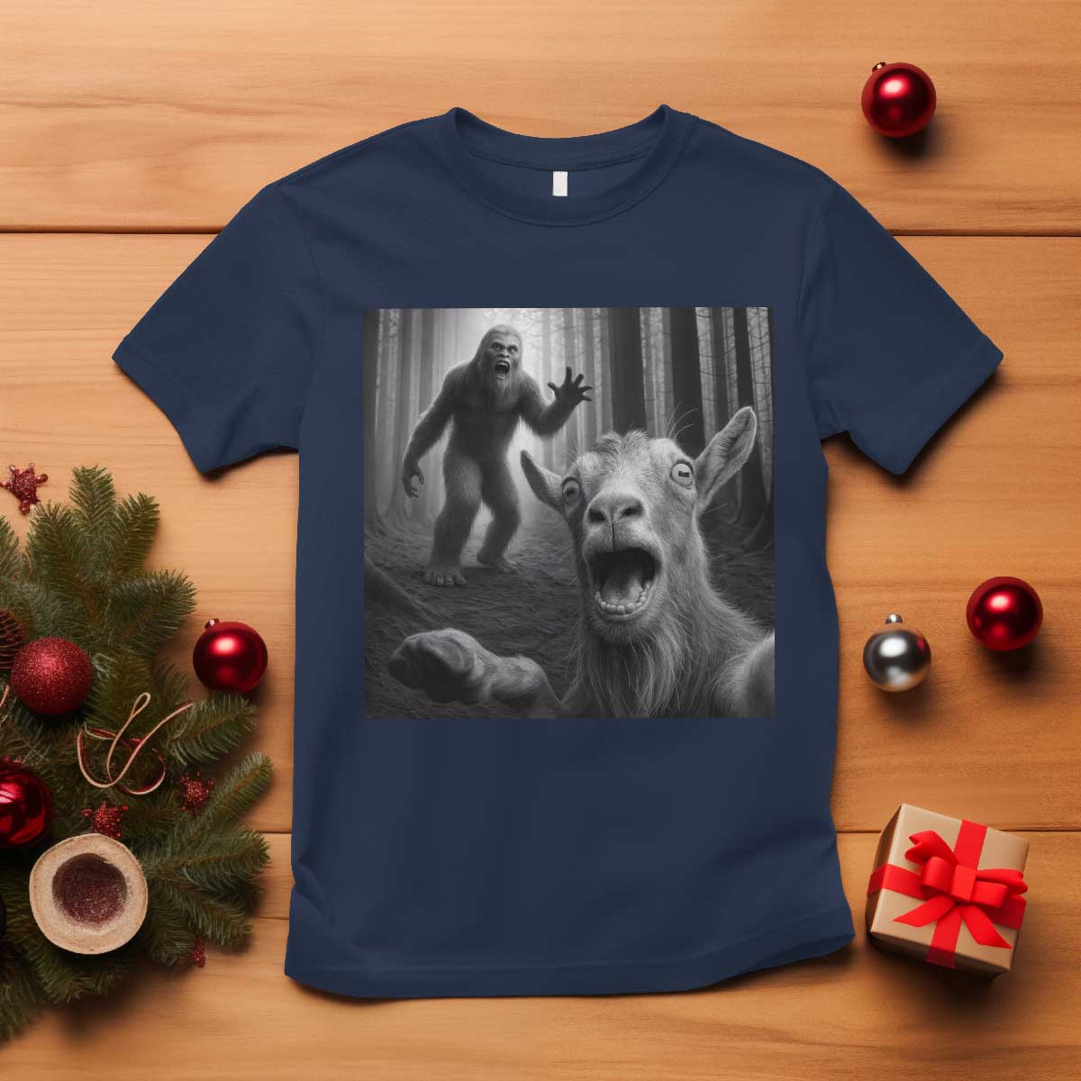 Goat Selfie With Bigfoot T Shirt Funny Cryptid Gift TS12 Navy Print Your Wear
