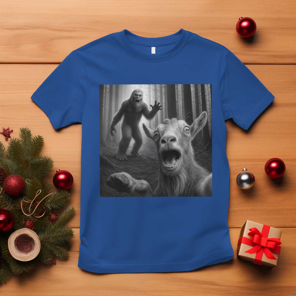 Goat Selfie With Bigfoot T Shirt Funny Cryptid Gift TS12 Royal Blue Print Your Wear