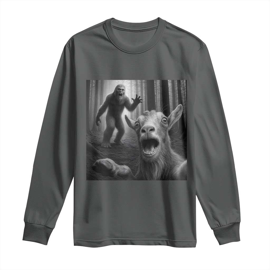 Goat Selfie With Bigfoot Long Sleeve Shirt Funny Cryptid Gift TS12 Dark Heather Print Your Wear