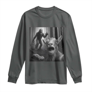 Goat Selfie With Bigfoot Long Sleeve Shirt Funny Cryptid Gift TS12 Dark Heather Print Your Wear