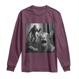 Goat Selfie With Bigfoot Long Sleeve Shirt Funny Cryptid Gift TS12 Maroon Print Your Wear