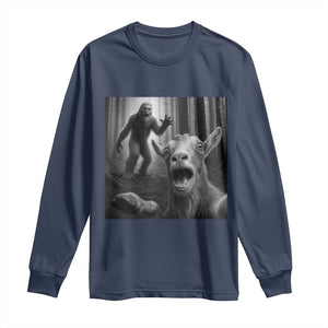 Goat Selfie With Bigfoot Long Sleeve Shirt Funny Cryptid Gift TS12 Navy Print Your Wear