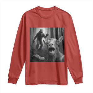 Goat Selfie With Bigfoot Long Sleeve Shirt Funny Cryptid Gift TS12 Red Print Your Wear