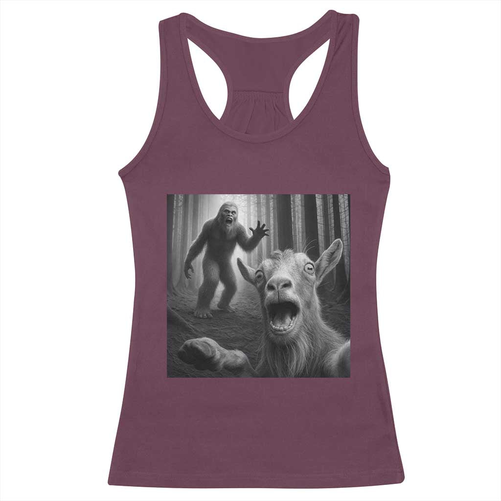 Goat Selfie With Bigfoot Racerback Tank Top Funny Cryptid Gift TS12 Maroon Print Your Wear