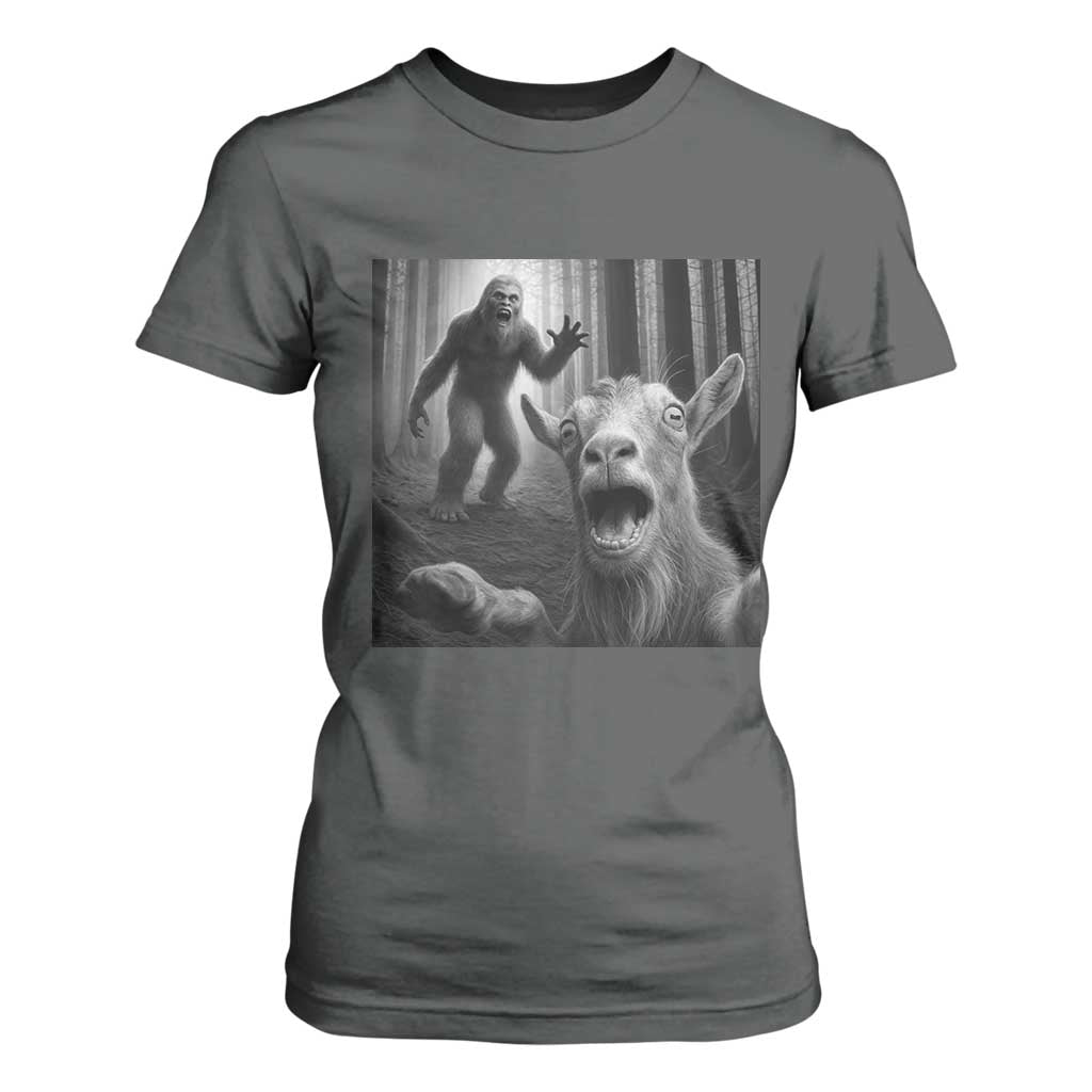 Goat Selfie With Bigfoot T Shirt For Women Funny Cryptid Gift TS12 Dark Heather Print Your Wear