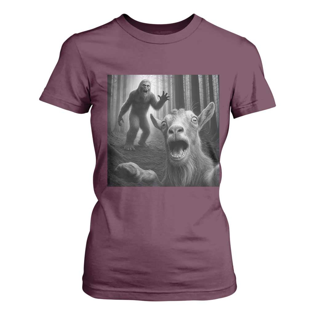 Goat Selfie With Bigfoot T Shirt For Women Funny Cryptid Gift TS12 Maroon Print Your Wear