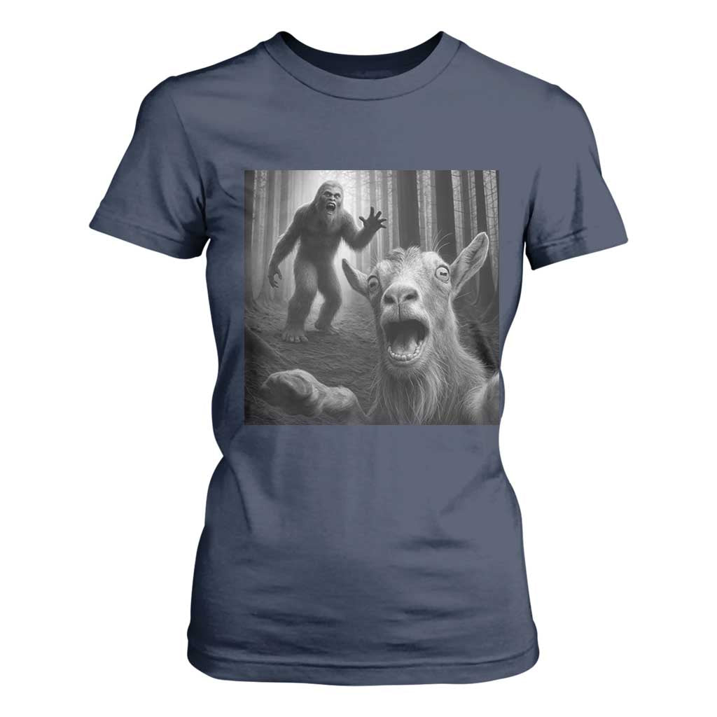 Goat Selfie With Bigfoot T Shirt For Women Funny Cryptid Gift TS12 Navy Print Your Wear