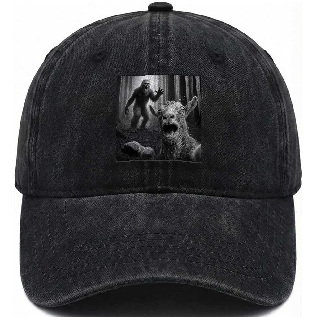 Goat Selfie With Bigfoot Washed Cotton Baseball Cap Funny Cryptid Gift TS12 Print Your Wear