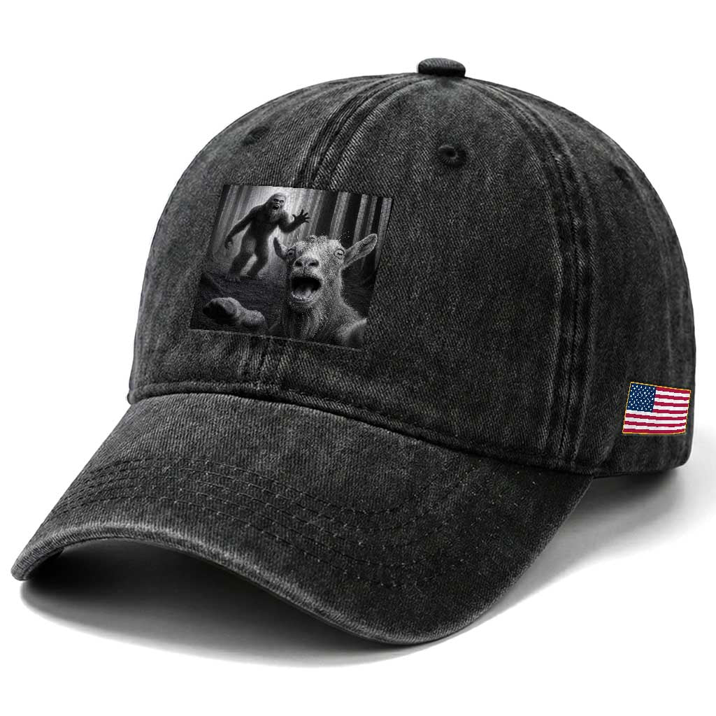 Goat Selfie With Bigfoot Washed Cotton Baseball Cap Funny Cryptid Gift TS12 Print Your Wear