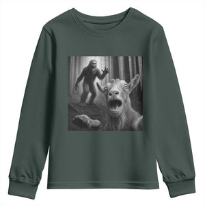 Goat Selfie With Bigfoot Youth Sweatshirt Funny Cryptid Gift TS12 Dark Forest Green Print Your Wear