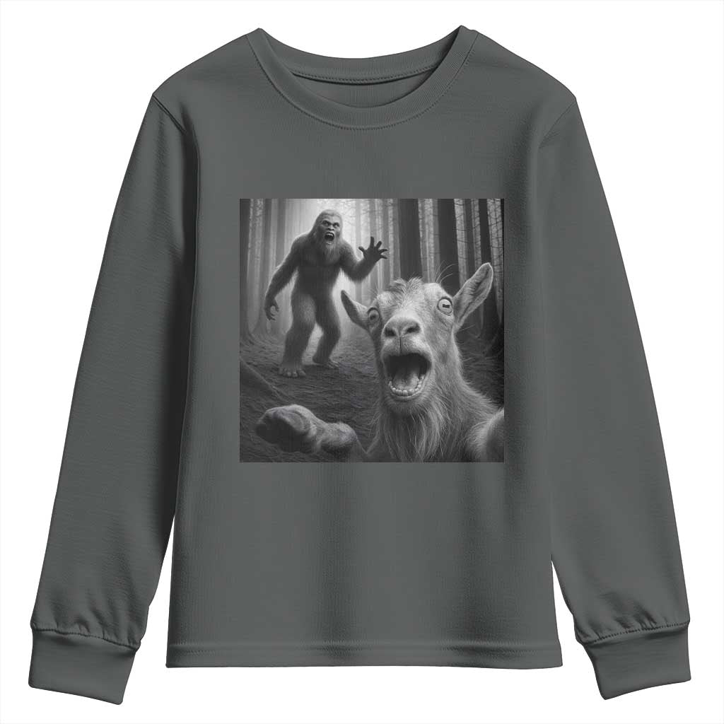 Goat Selfie With Bigfoot Youth Sweatshirt Funny Cryptid Gift TS12 Dark Heather Print Your Wear