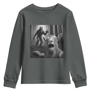 Goat Selfie With Bigfoot Youth Sweatshirt Funny Cryptid Gift TS12 Dark Heather Print Your Wear