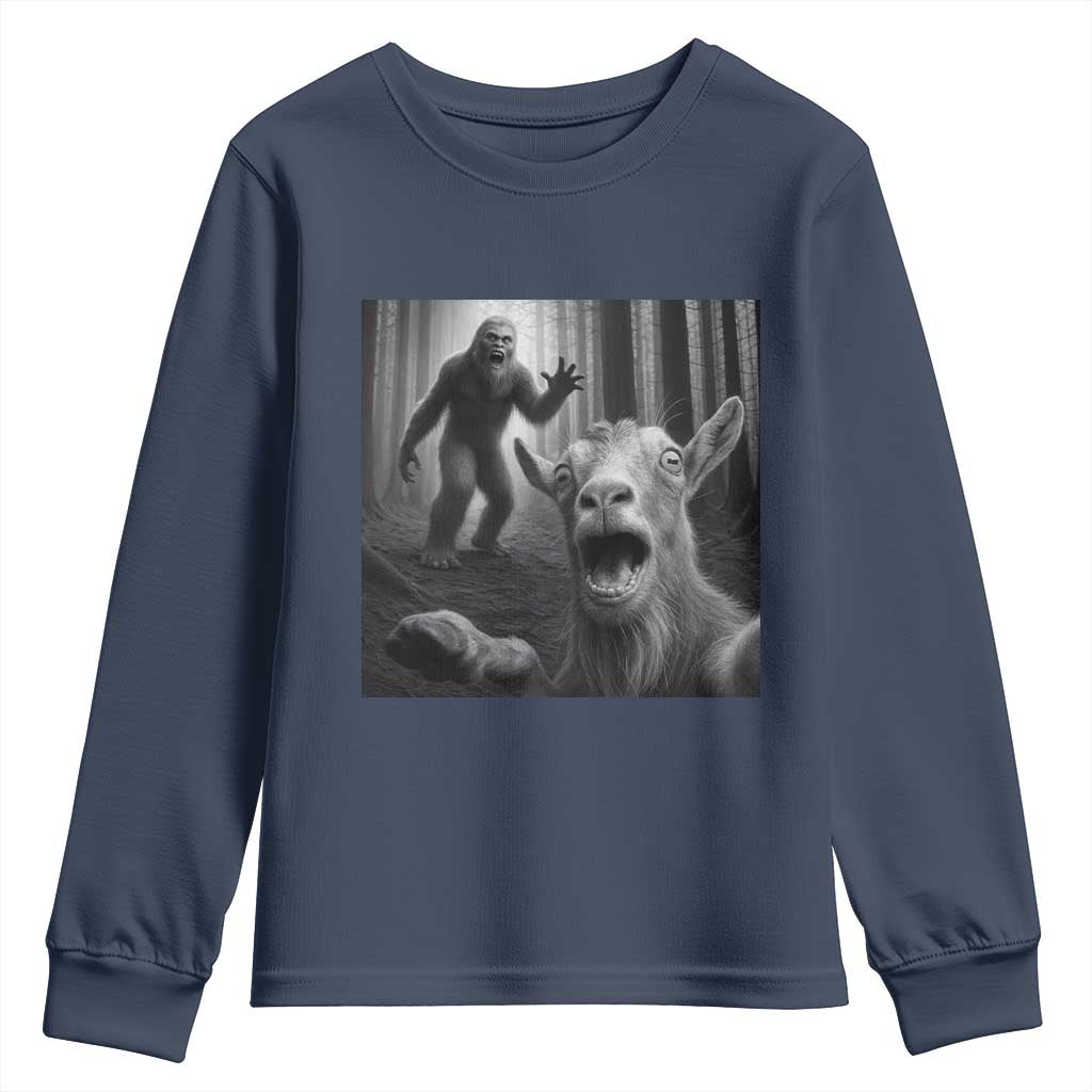 Goat Selfie With Bigfoot Youth Sweatshirt Funny Cryptid Gift TS12 Navy Print Your Wear