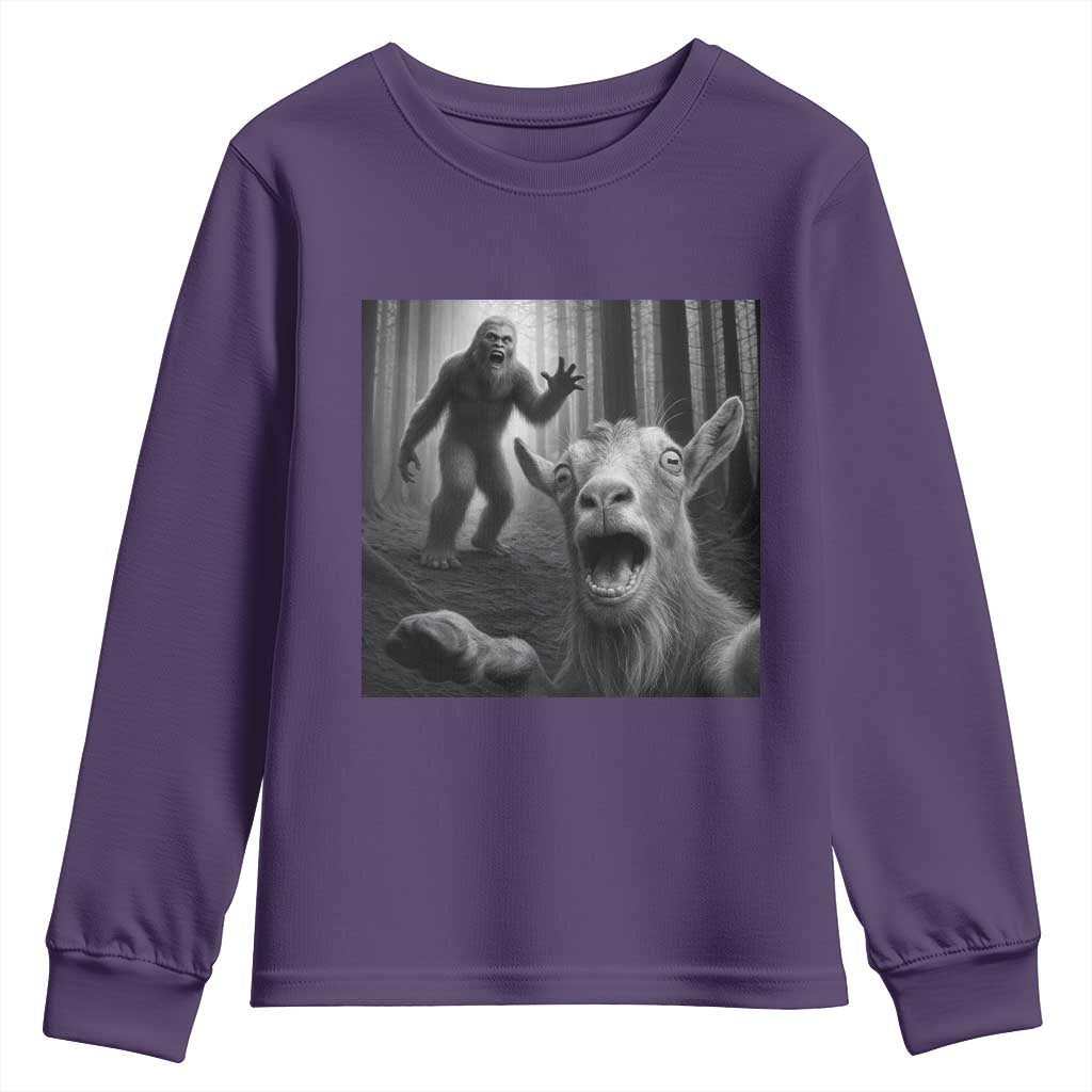 Goat Selfie With Bigfoot Youth Sweatshirt Funny Cryptid Gift TS12 Purple Print Your Wear