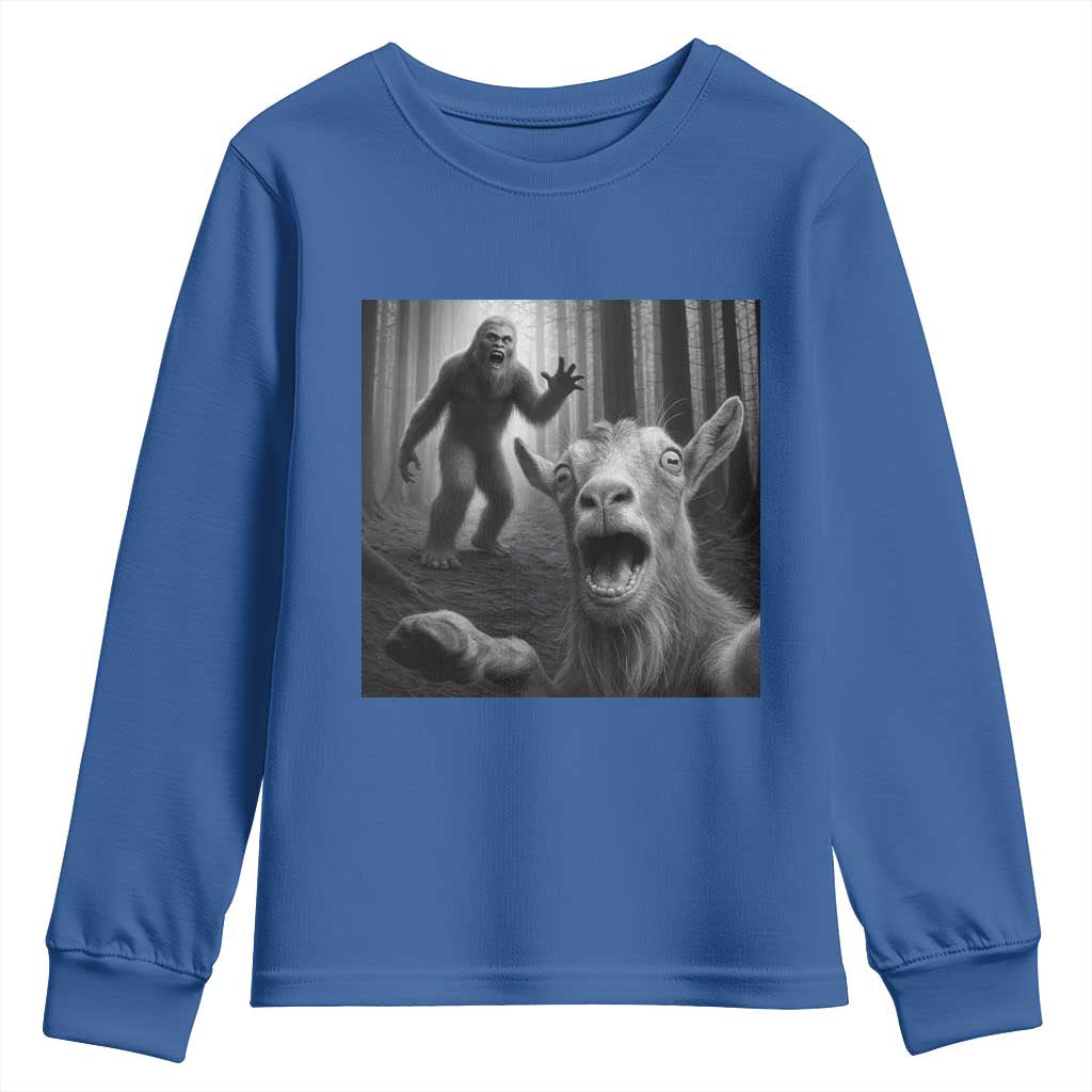 Goat Selfie With Bigfoot Youth Sweatshirt Funny Cryptid Gift TS12 Royal Blue Print Your Wear