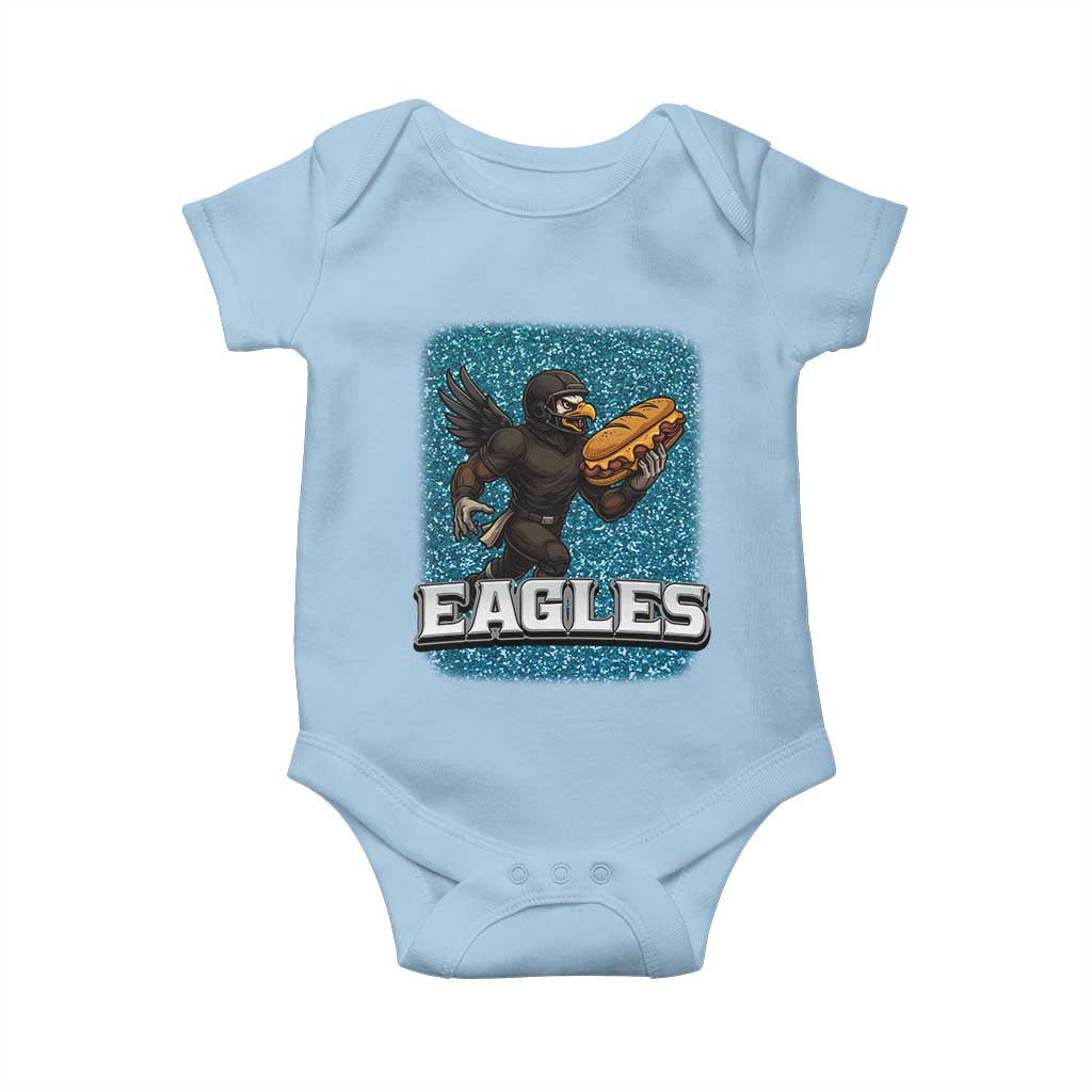 Funny Eagle With Cheesesteak Baby Onesie Football Glitter Print TS12 Light Blue Print Your Wear