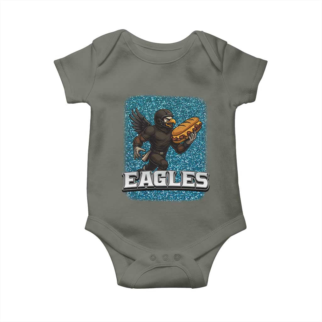 Funny Eagle With Cheesesteak Baby Onesie Football Glitter Print TS12 Military Green Print Your Wear