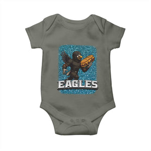 Funny Eagle With Cheesesteak Baby Onesie Football Glitter Print TS12 Military Green Print Your Wear