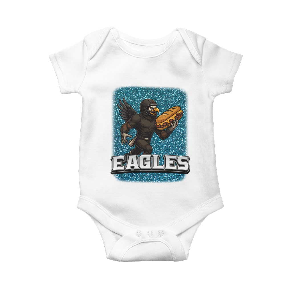 Funny Eagle With Cheesesteak Baby Onesie Football Glitter Print TS12 White Print Your Wear