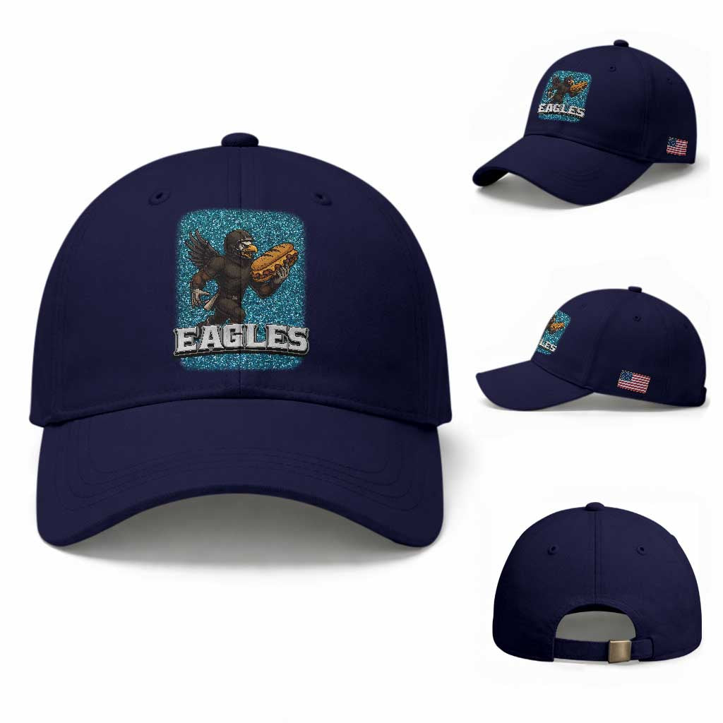 Funny Eagle With Cheesesteak Baseball Cap Football Glitter Print TS12 Baseball Cap Universal Fit Dark Blue Print Your Wear