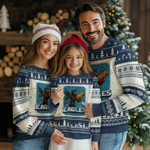 Funny Eagle With Cheesesteak Ugly Christmas Sweater Football Glitter Print TS12 Beige Navy Print Your Wear