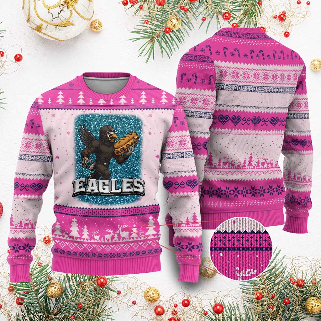 Funny Eagle With Cheesesteak Ugly Christmas Sweater Football Glitter Print TS12 Hot Pink Print Your Wear