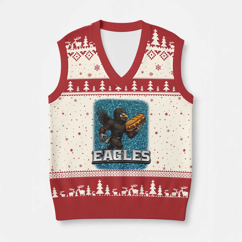 Funny Eagle With Cheesesteak V-Neck Knit Sweater Vest Football Glitter Print TS12 Beige Red Print Your Wear