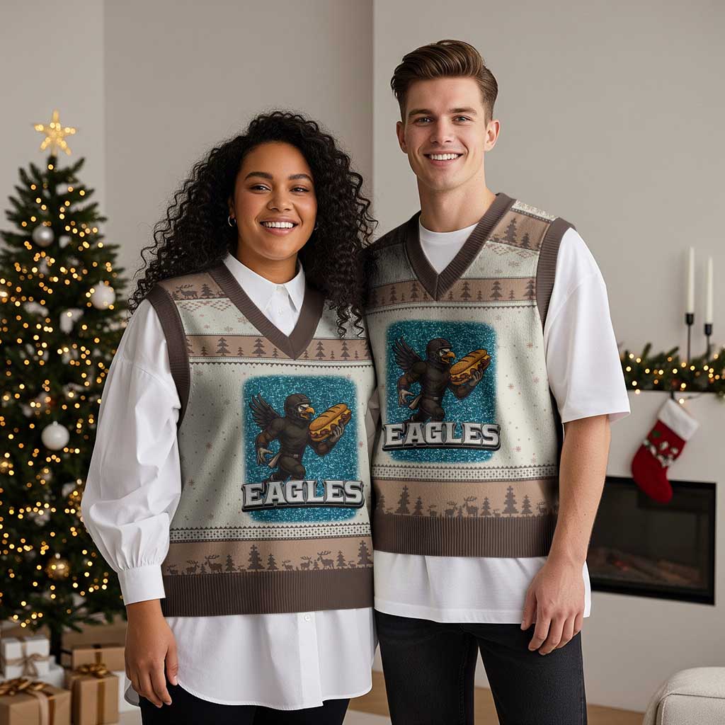 Funny Eagle With Cheesesteak V-Neck Knit Sweater Vest Football Glitter Print TS12 Mocha Mousse Print Your Wear