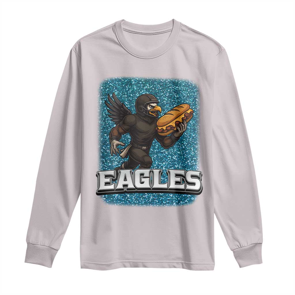 Funny Eagle With Cheesesteak Long Sleeve Shirt Football Glitter Print TS12 Ice Gray Print Your Wear