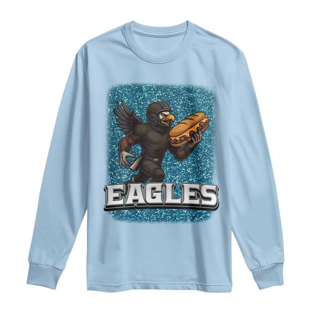 Funny Eagle With Cheesesteak Long Sleeve Shirt Football Glitter Print TS12 Light Blue Print Your Wear