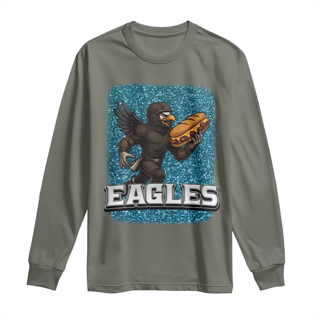 Funny Eagle With Cheesesteak Long Sleeve Shirt Football Glitter Print TS12 Military Green Print Your Wear
